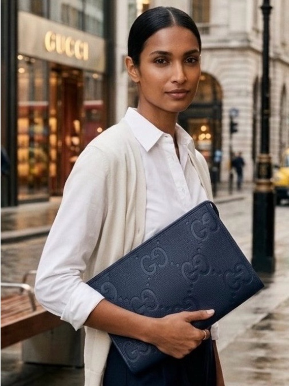Authentic Gucci Jumbo GG Handbag Pouch Second Bag Clutch Leather Navy Blue